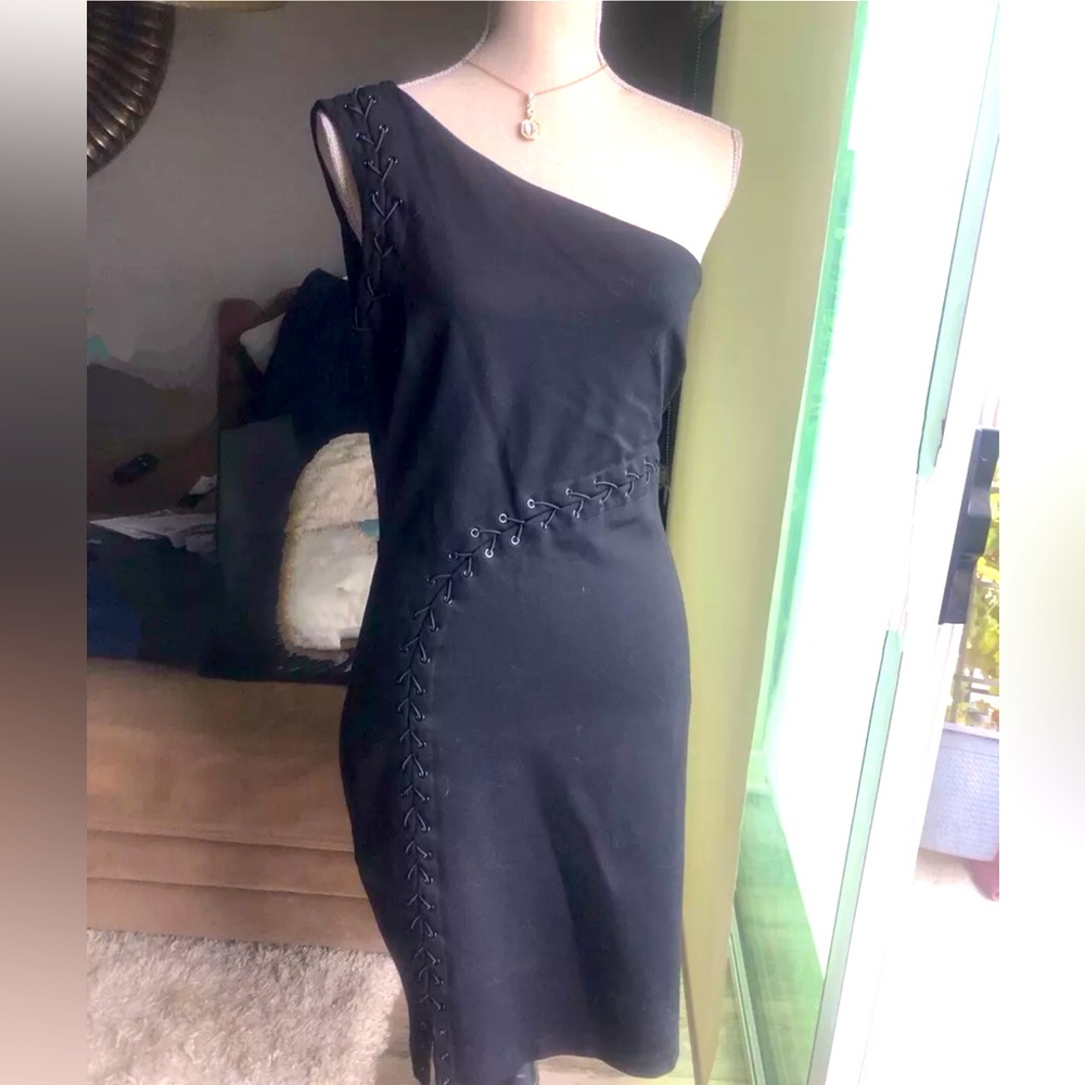 NWT $525 Halston One Shoulder Ponte Dress LBD Stretch Black -Sz 10